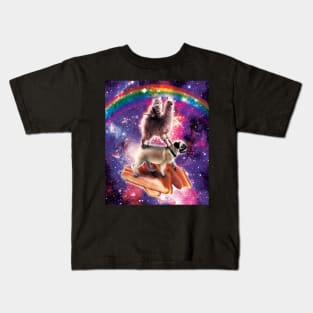 Space Cat Llama Pug Riding Bacon Kids T-Shirt